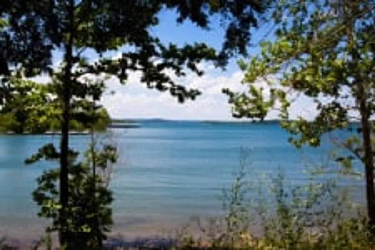 A serene landscape of calm water, distant shoreline, and lush greenery. The setting alludes to fishing, boating, hiking, and relaxing by the water, with a focus on the area's natural beauty and wildlife.
