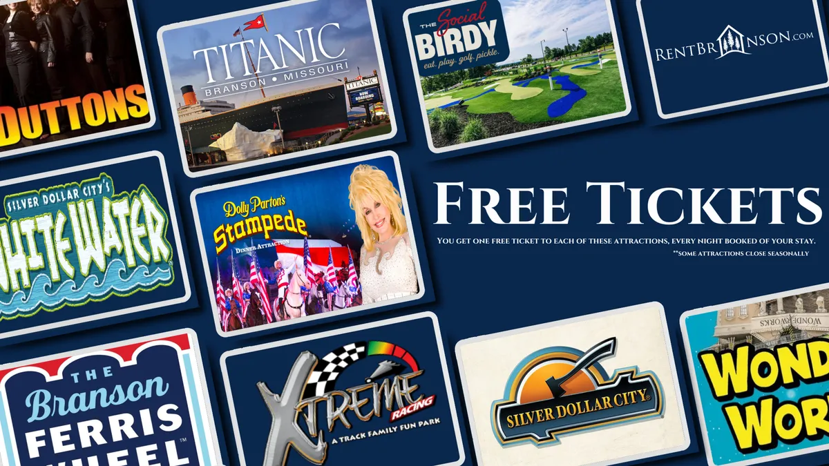 A collage-style interior shot featuring logos from nearby attractions, images of live performers, and promotional text about free tickets to local entertainment. The scene is lively and colorful, evoking excitement for family-friendly outings beyond the property.
